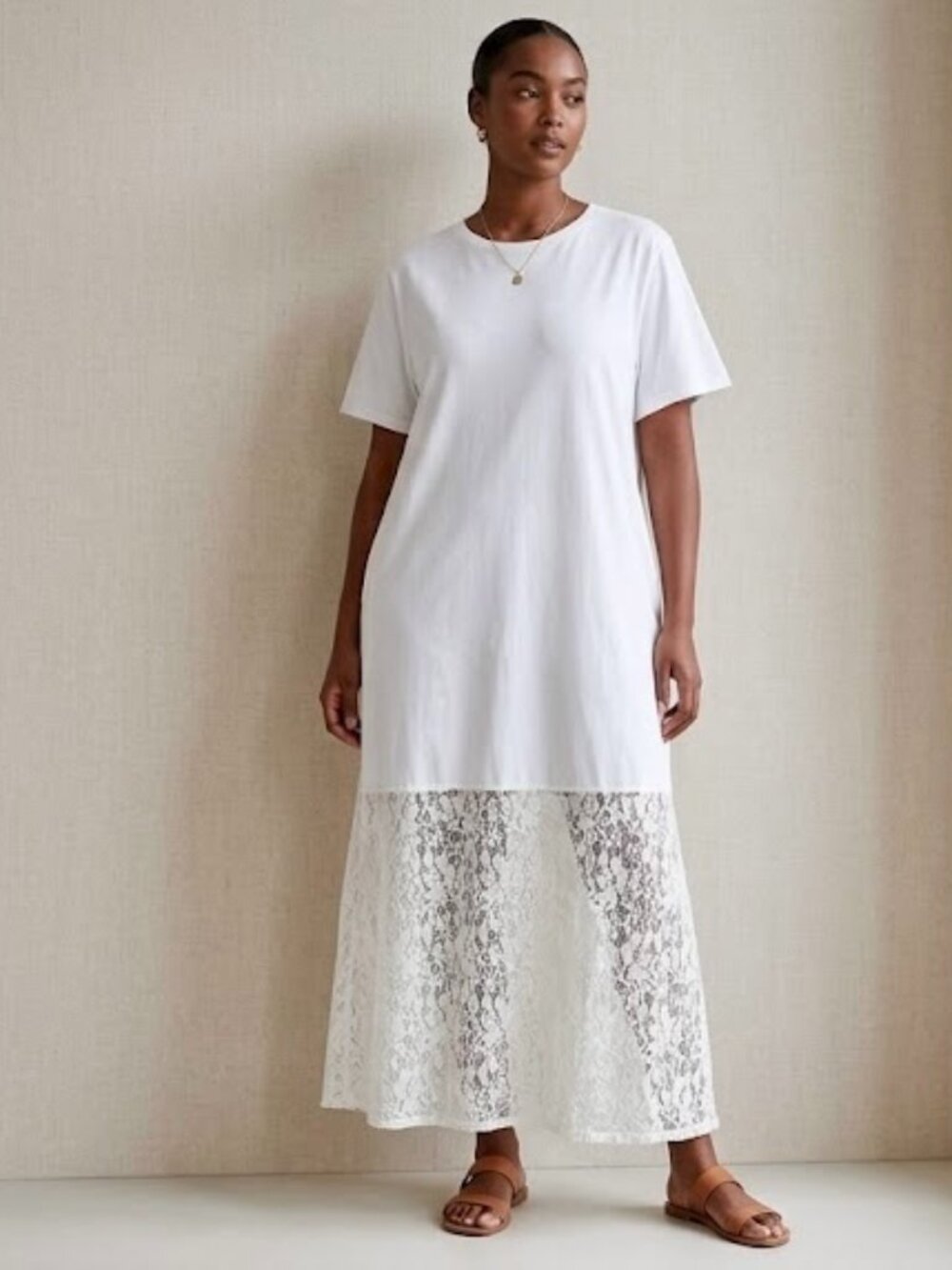 NEW White Lace-Hem Boho Summer Luxe Casual T-Shirt Maxi Dress Plus SZ 16